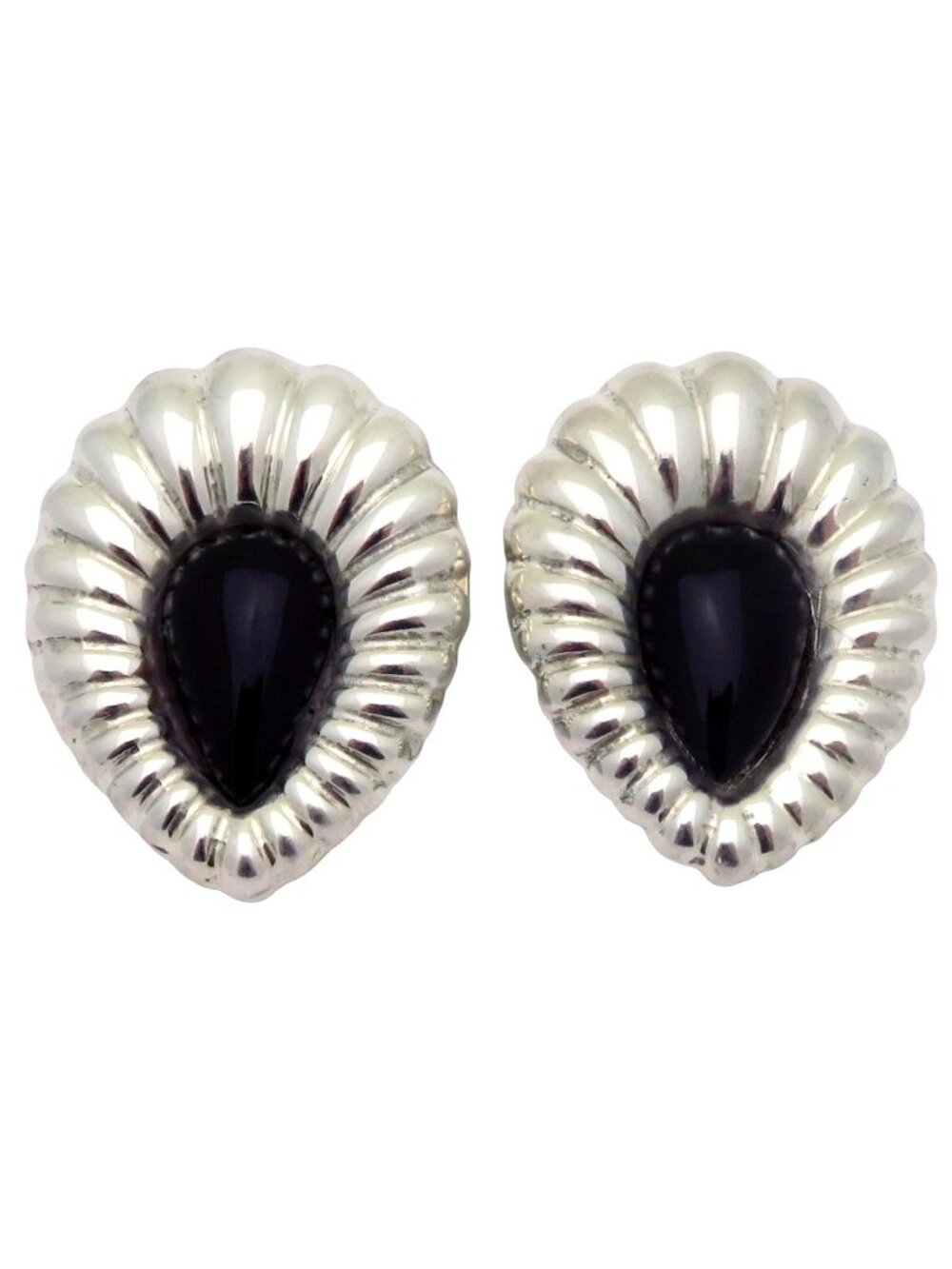 Vintage Taxco Mexico Sterling Silver Black Onyx Scalloped Clip On Earrings TP-23